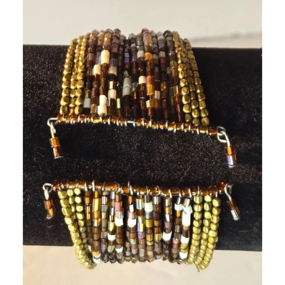 Pretty Wide Brown & Gold Beads Memory Wire Cuff Bracelet